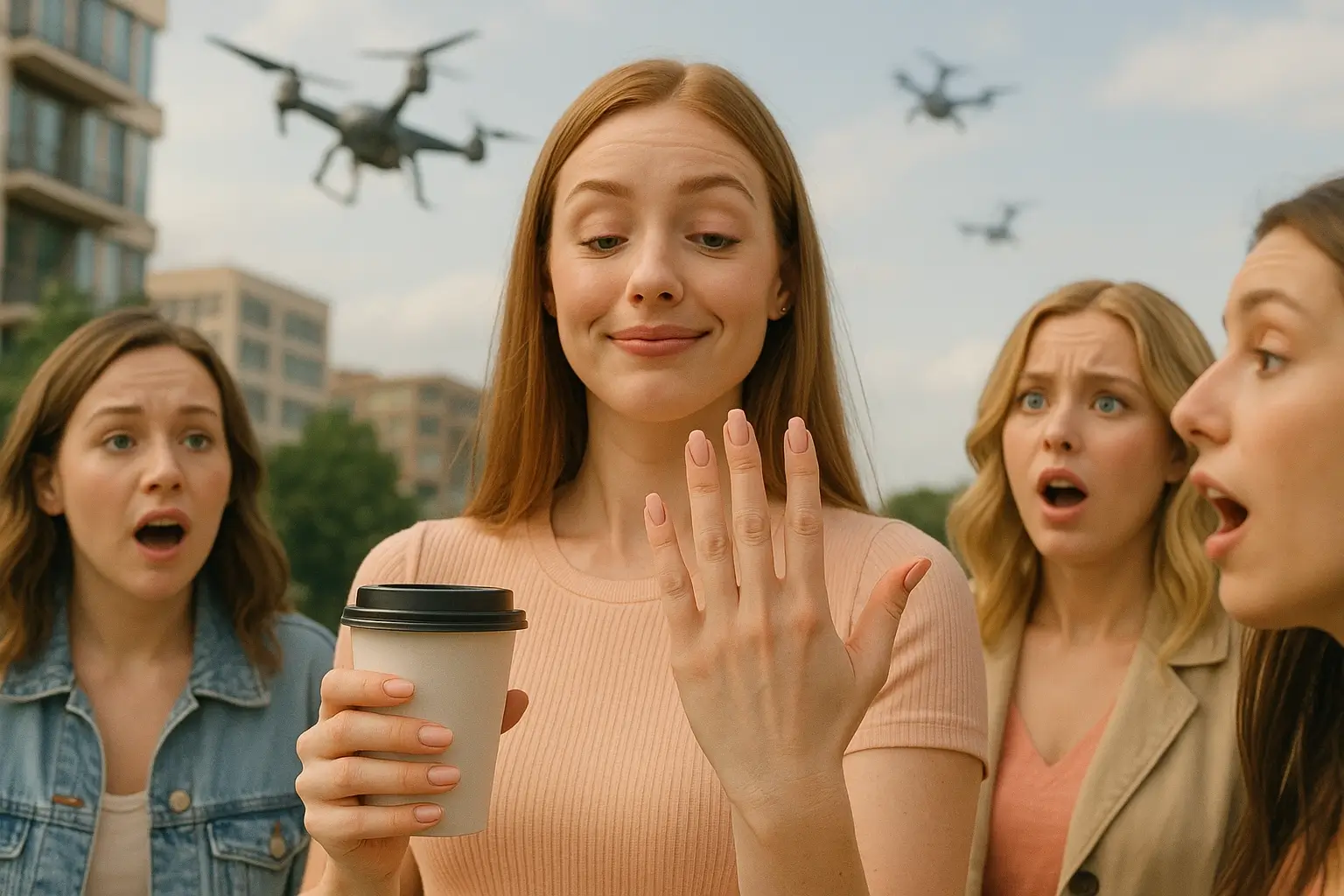 маникюр с чашкой кофе, дроны в небе