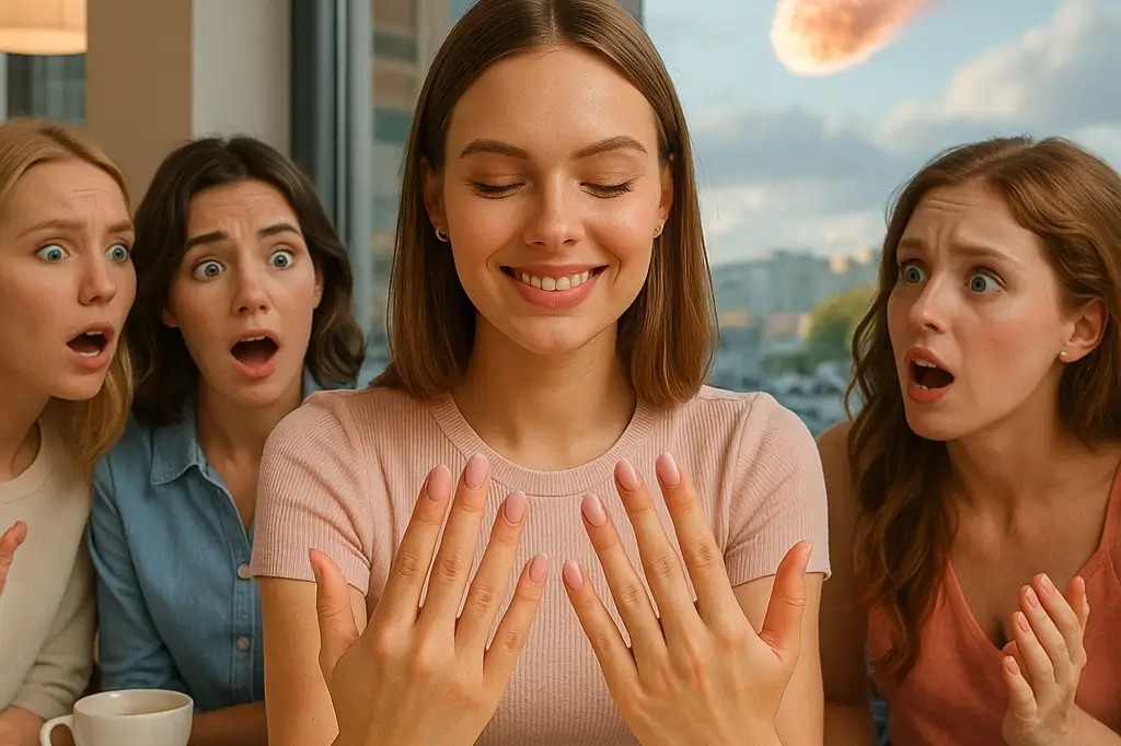 девушка показывает маникюр за столиком, метеорит в небе