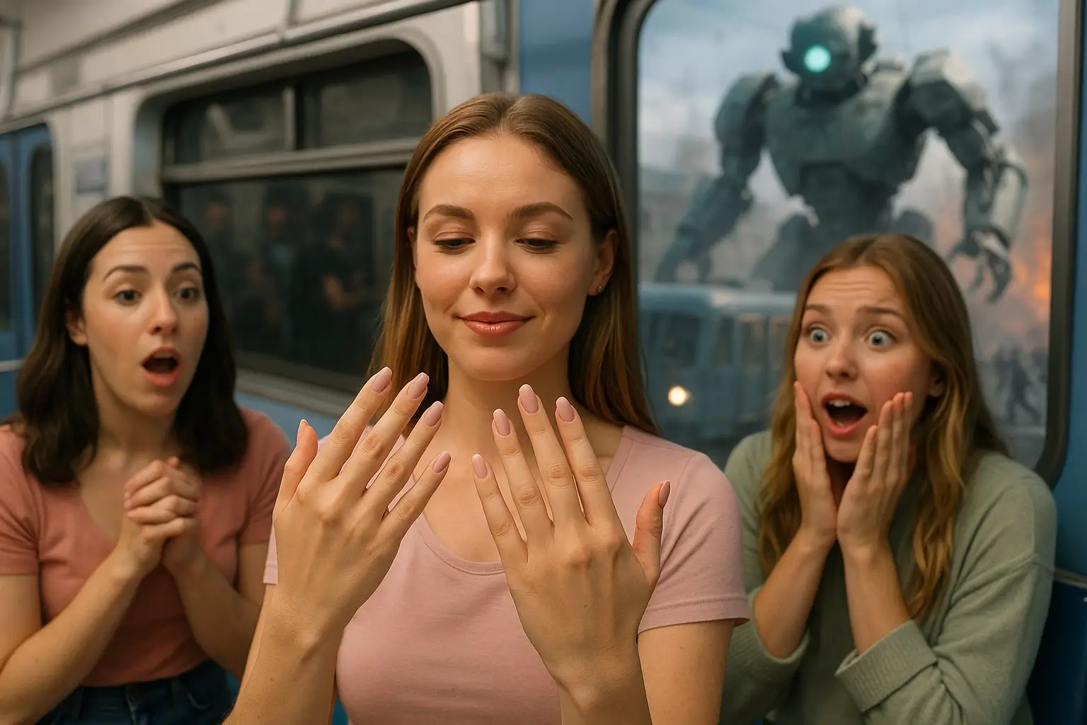 маникюр в метро, позади захват роботом